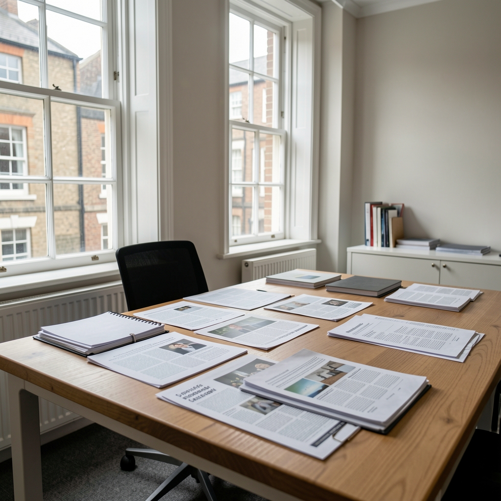 Portrait of an editorial writer at a wooden desk, papers and notebooks in the foreground, warm morning light through a sash window