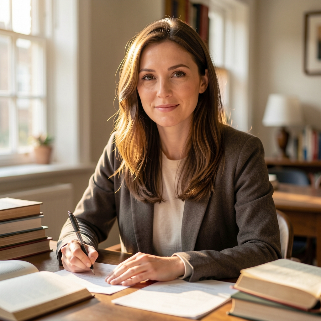 Editorial portrait of a woman at a writing desk, papers and open research volumes visible, warm morning light, London interior