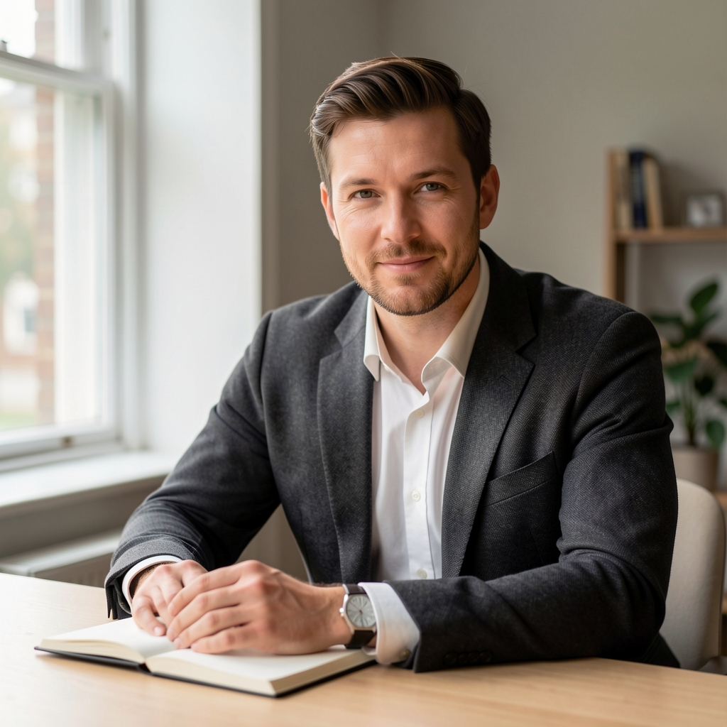 Editorial portrait of a man seated at a minimal desk near a window, a notebook open in front of him, soft natural light, London studio setting