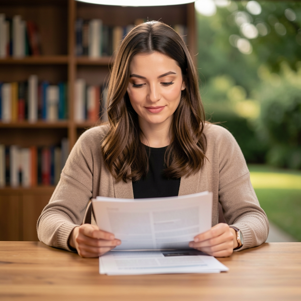 Editorial portrait of a woman reviewing printed articles at a wide wooden table, soft overhead studio lighting, bookshelf visible in background