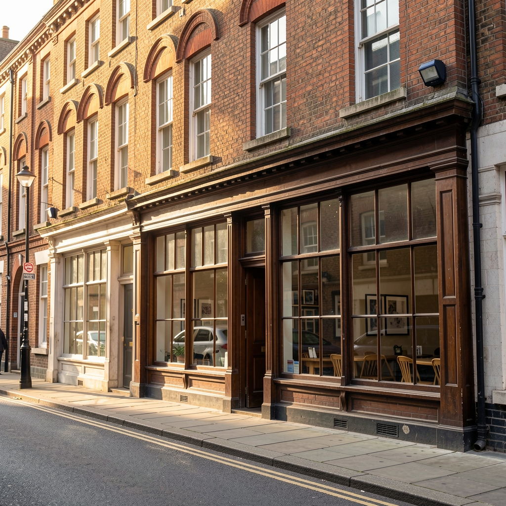 Street-level view of a Victorian-era London office building in Clerkenwell, red brick facade, large ground-floor windows, morning light on the pavement