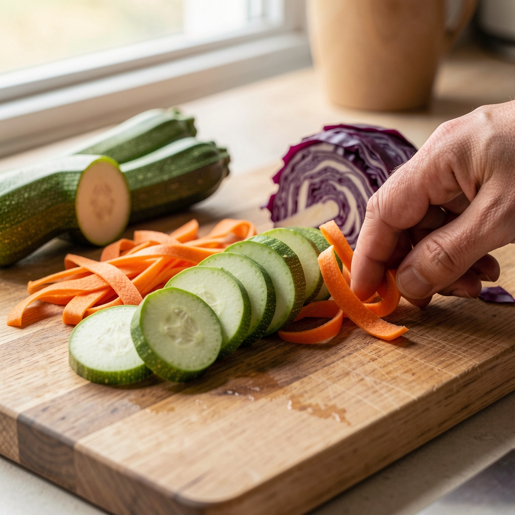 Close-up of a wooden chopping board with fresh vegetables sliced and arranged by hand — courgette, carrot ribbons, red cabbage, natural kitchen light