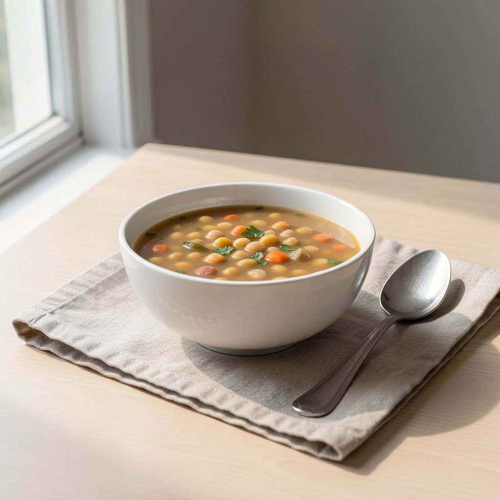 A single white bowl of legume soup with a spoon resting beside it on a linen cloth, morning light from a side window, minimalist tabletop composition