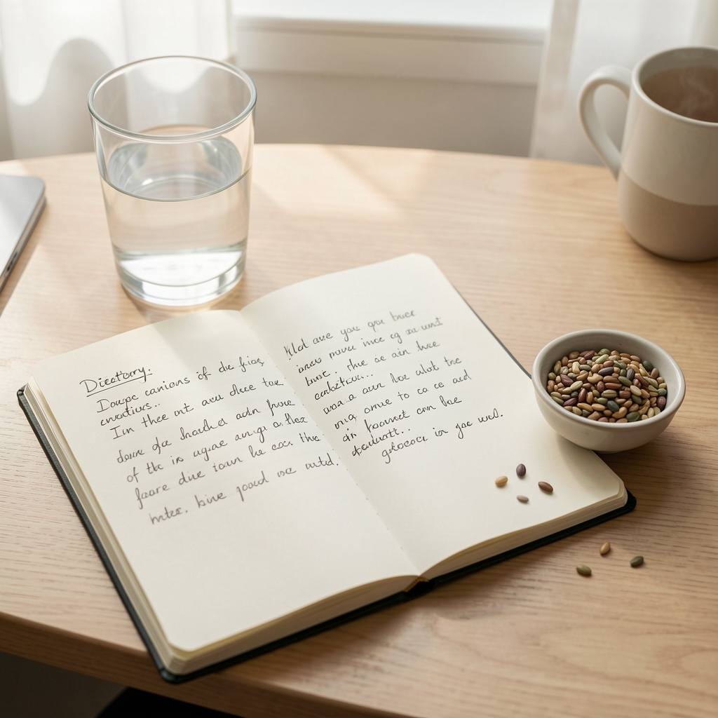 Open notebook with handwritten dietary observations beside a glass of water and a small bowl of seeds, desk with soft diffused daylight