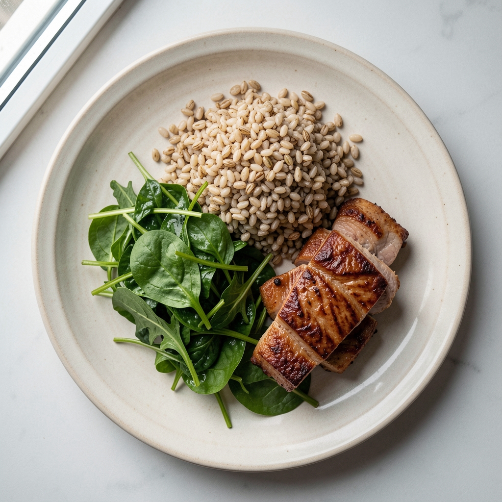 Overhead view of a structured meal on a pale ceramic plate — whole grains, leafy greens, and a portion of protein, daylight from a nearby window