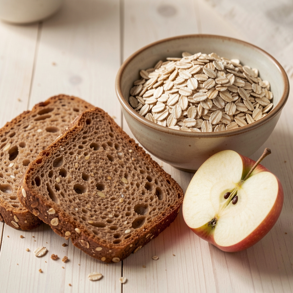 Close-up of whole grain bread slices, oat flakes in a ceramic bowl, and a halved apple on a pale wooden surface — natural fibre sources photographed in daylight