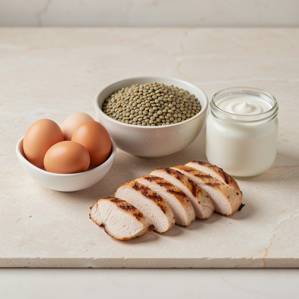 Assortment of high-protein whole foods arranged on a pale stone surface — eggs, lentils in a bowl, grilled chicken slices, and Greek yogurt in a small jar, clean studio lighting